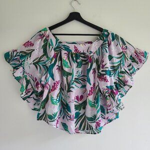 Ruffle Sleeve Peasant Top 1X Terra & Sky Tropical Floral Spring Cotton